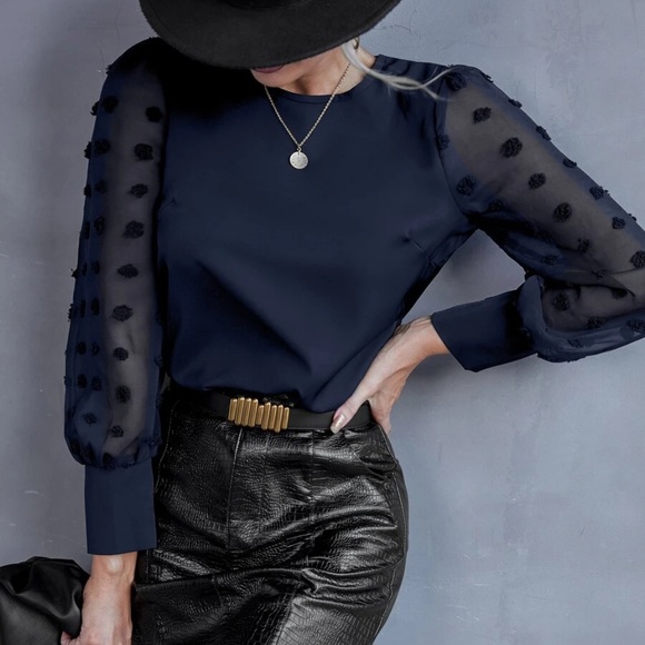 Swiss Dot Sheer Long Sleeve Blouse - Picture 4 of 12